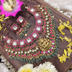 Vriksham Kundan Jadau Lakshmi Pendant High Neck Choker-Pastel Green Bead-J3692