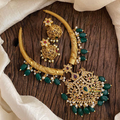 Premium AD Stone Hasli Choker-Filigree-Green Beads-G12064