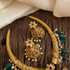Premium AD Stone Hasli Choker-Filigree-Green Beads-G12064