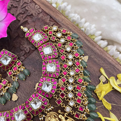 Vriksham Kundan Jadau Lakshmi Pendant High Neck Choker-Pastel Green Bead-J3692