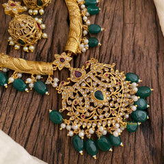 Premium AD Stone Hasli Choker-Filigree-Green Beads-G12064