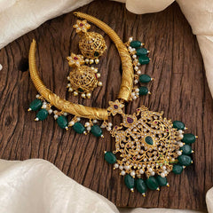 Premium AD Stone Hasli Choker-Filigree-Green Beads-G12064