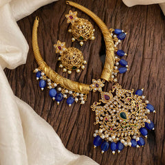 Premium AD Stone Hasli Choker-Filigree- Dark Blue Beads-G12063