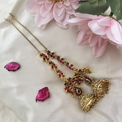 Vriksham Premium Gold Alike Mayil Jhumkas-Red Green-Gold Bead-Maatil-G18219