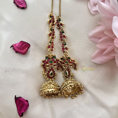 Vriksham Premium Gold Alike Mayil Jhumkas-Red Green-Gold Bead-Maatil-G18219