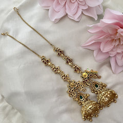 Vriksham Premium Gold Alike Mayil Jhumkas-Red Green-Gold Bead-Maatil-G18219