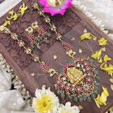 Vriksham Elegant Lakshmi Pendant Kundan Jadau Neckpiece-Pastel Green Beads-J3719