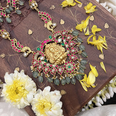 Vriksham Elegant Lakshmi Pendant Kundan Jadau Neckpiece-Pastel Green Beads-J3719