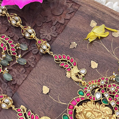 Vriksham Elegant Lakshmi Pendant Kundan Jadau Neckpiece-Pastel Green Beads-J3719