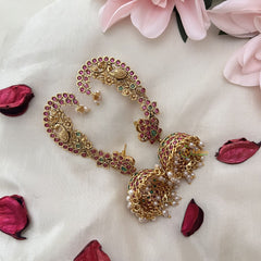 Vriksham Precious Peacock Cuff Style Jhumka-Red Green-Pearl-G18191