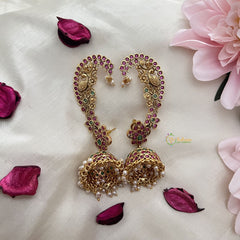 Vriksham Precious Peacock Cuff Style Jhumka-Red Green-Pearl-G18191