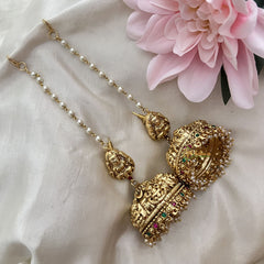 Vriksham Gold Look Alike Lakshmi Jhumka with Maatil-Red Green-Pearl-G18206