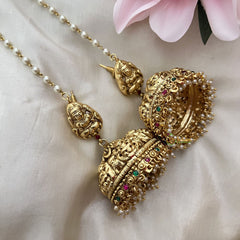 Vriksham Gold Look Alike Lakshmi Jhumka with Maatil-Red Green-Pearl-G18206