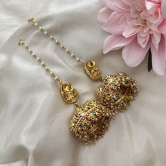 Vriksham Gold Look Alike Lakshmi Jhumka with Maatil-Red Green-Pearl-G18206