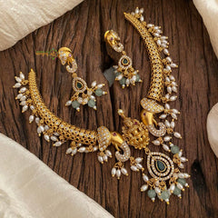 Premium AD Stone Temple Hasli Choker-Filigree-Rice Pearls-G12069