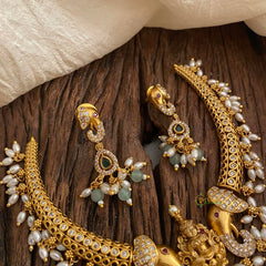 Premium AD Stone Temple Hasli Choker-Filigree-Rice Pearls-G12069