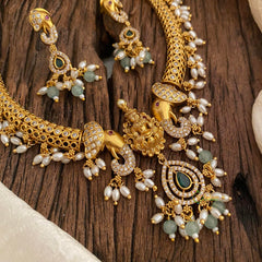 Premium AD Stone Temple Hasli Choker-Filigree-Rice Pearls-G12069