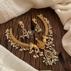 Premium AD Stone Temple Hasli Choker-Filigree-Rice Pearls-G12069