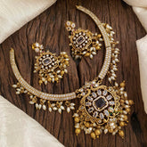 Premium AD Stone Pendant Hasli Choker-Rice Pearls-Purple-G12091