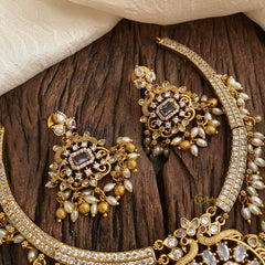 Premium AD Stone Pendant Hasli Choker-Rice Pearls-Purple-G12091