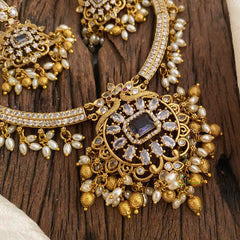 Premium AD Stone Pendant Hasli Choker-Rice Pearls-Purple-G12091