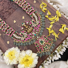 Vriksham Lakshmi with Dual Peacock Pendant Jadau Kundan 6 Layer Green Beaded Maala neckpiece-J3717