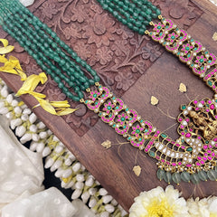 Vriksham Lakshmi with Dual Peacock Pendant Jadau Kundan 6 Layer Green Beaded Maala neckpiece-J3717