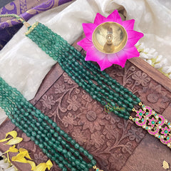 Vriksham Lakshmi with Dual Peacock Pendant Jadau Kundan 6 Layer Green Beaded Maala neckpiece-J3717