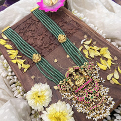 Vriksham Lakshmi With Dual Peacock Kundan Jadau Beaded Mala-Rice Pearl-Guttapusalu-J3721