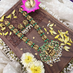 Vriksham Lakshmi With Dual Elephant Kundan Jadau Long Neckpiece-Green-White Bead-J3722