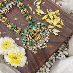 Vriksham Lakshmi With Dual Elephant Kundan Jadau Long Neckpiece-Green-White Bead-J3722