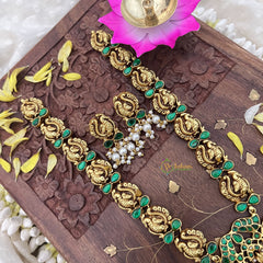 Vriksham Lakshmi With Dual Elephant Kundan Jadau Long Neckpiece-Green-White Bead-J3722