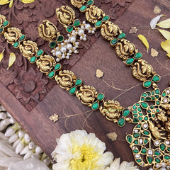Vriksham Lakshmi With Dual Elephant Kundan Jadau Long Neckpiece-Green-White Bead-J3722