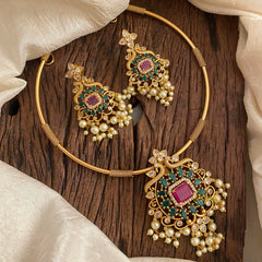 Premium AD Stone Pendant Hasli Choker-Dual Peacock-G12088