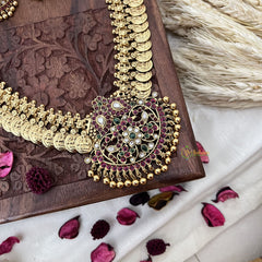 Vriksham Dual Maanga with Peacock Coin Haram-Kaasumala-Red White-Gold Bead-G18494