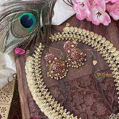 Vriksham Dual Maanga with Peacock Coin Haram-Kaasumala-Red White-Gold Bead-G18494