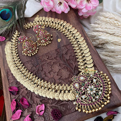 Vriksham Dual Maanga with Peacock Coin Haram-Kaasumala-Red White-Gold Bead-G18494