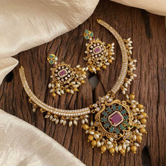 Premium AD Stone Pendant Hasli Choker-Rice Pearls-G12094