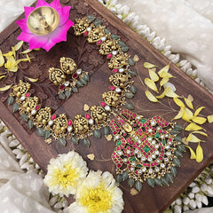 Vriksham Lakshmi With Peacock Kundan Jadau Short Neckpiece-Pastel Green Bead-J3724