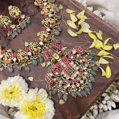 Vriksham Lakshmi With Peacock Kundan Jadau Short Neckpiece-Pastel Green Bead-J3724