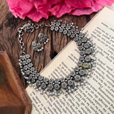 Vriksham Double line Floral Style Silver Oxidized With Pearl Choker Neckpiece-S1148