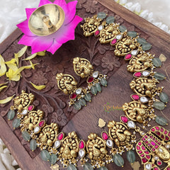 Vriksham Lakshmi With Peacock Kundan Jadau Short Neckpiece-Pastel Green Bead-J3724