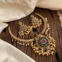 Premium AD Stone Pendant Hasli Choker-Rice Pearls-G12094