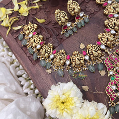 Vriksham Lakshmi With Peacock Kundan Jadau Short Neckpiece-Pastel Green Bead-J3724