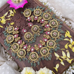 Vriksham Lakshmi With Coin Kundan Jadau Short Neckpiece-Pastel Green Bead-J3726