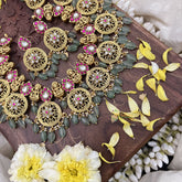 Vriksham Lakshmi With Coin Kundan Jadau Short Neckpiece-Pastel Green Bead-J3726