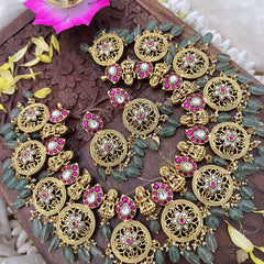 Vriksham Lakshmi With Coin Kundan Jadau Short Neckpiece-Pastel Green Bead-J3726