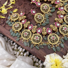 Vriksham Lakshmi With Coin Kundan Jadau Short Neckpiece-Pastel Green Bead-J3726