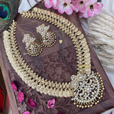 Vriksham Dual Maanga with Peacock Coin Haram-Kaasumala-White-Gold Bead-G18496