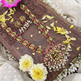 Vriksham Lakshmi With Dual Elephant Kundan Jadau Long Neckpiece-Red-White Bead-J3723